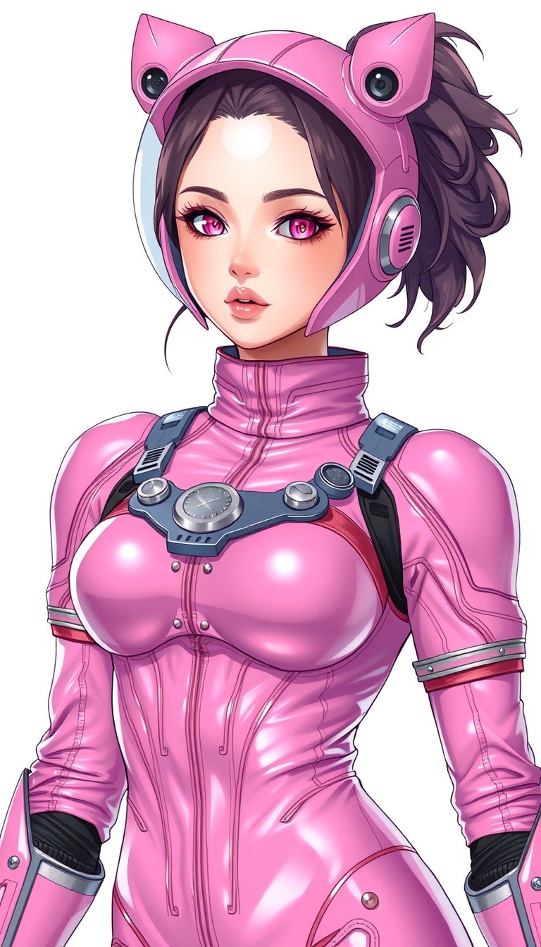 Ultra Detailed Character portrait, You're not wearing a helmet, Pink space Armor bodysuit, female, anime style, super glamorous space female pirate, Pink Clothes made of shiny vinyl, Pink space bodysuit, A view from the waist up to the head, The background is a simple white color, cute Feel like a villain, Bizarre suits like space alien designs. - Image