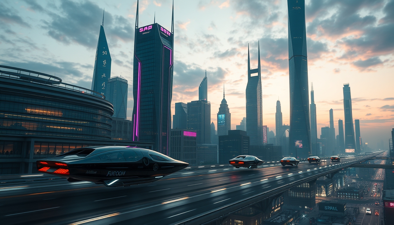 Futuristic cityscape with flying cars, neon lights, and advanced skyscrapers at dusk