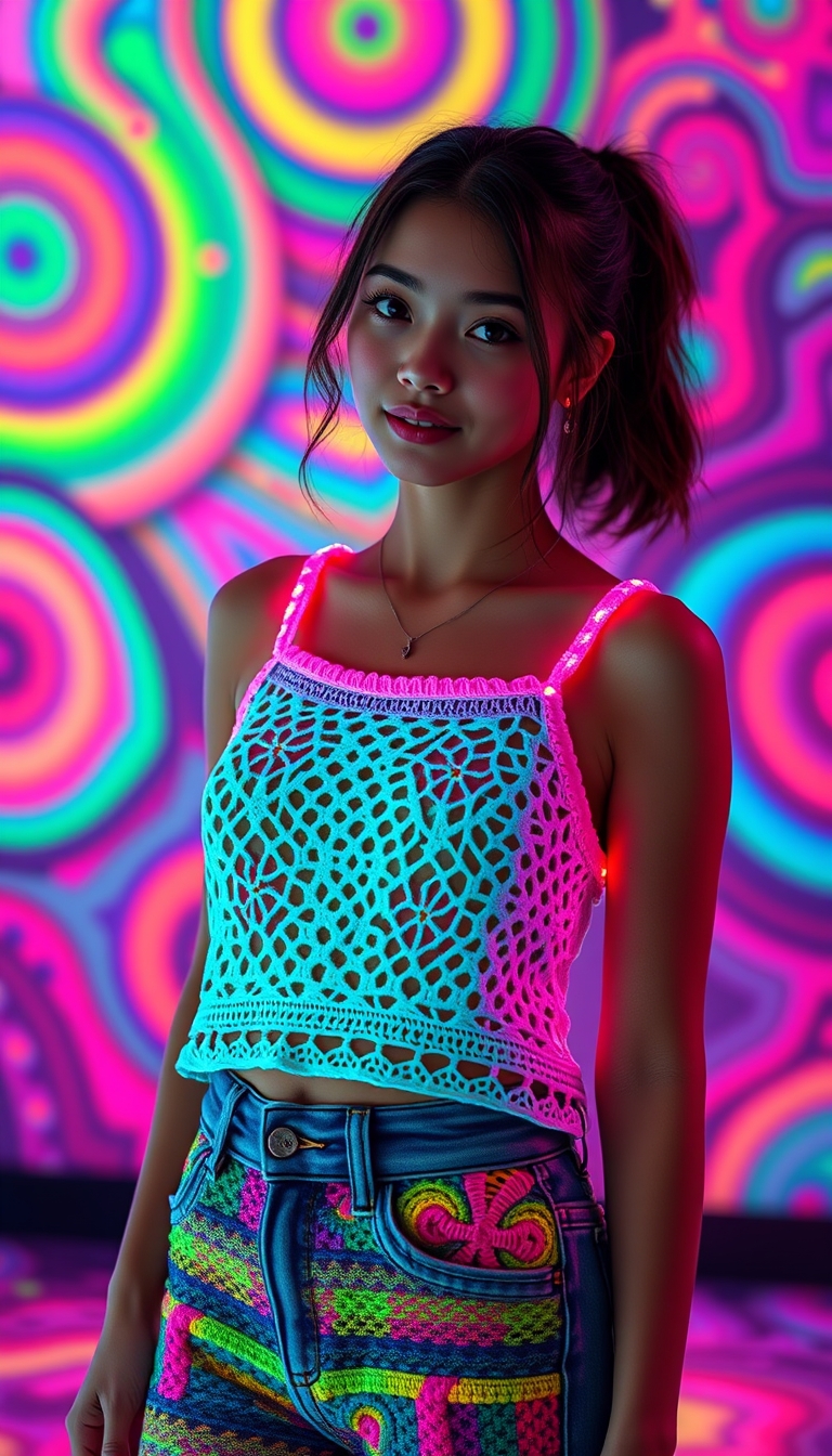 Photo of cute kawaii real woman, psychedelic, colorful and fluorescent background, wearing colorful glowing fluorescent crochet tank top with colorful crochet jeans, RAW, HD, 8K.