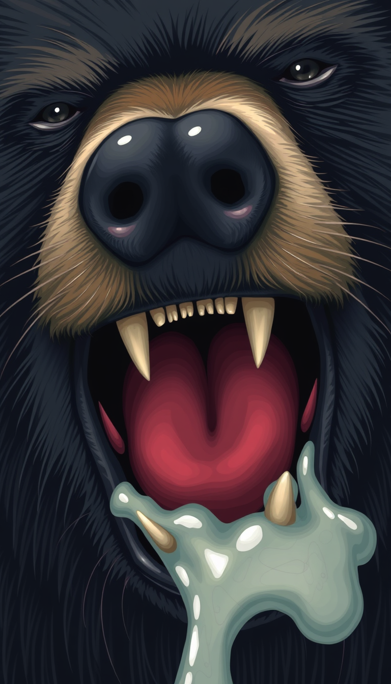 The furry art style depicts the details of a black bear's mouth while feeding, including throat details—bright at the throat—teeth details, and saliva details, with the entire mouth included.