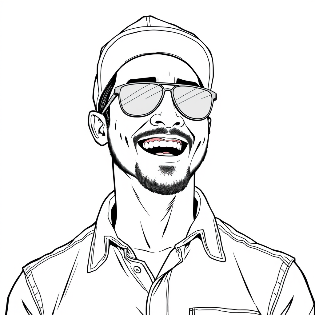 A cool black and white line drawing of a man around 35 years old, half-length portrait, wearing a baseball cap, Asian descent, sporting aviator sunglasses, a bit of stubble, rugged, in a shirt, with a full, well-defined face, a strong physique, clean and fresh skin, joyfully laughing heartily after winning a victory.