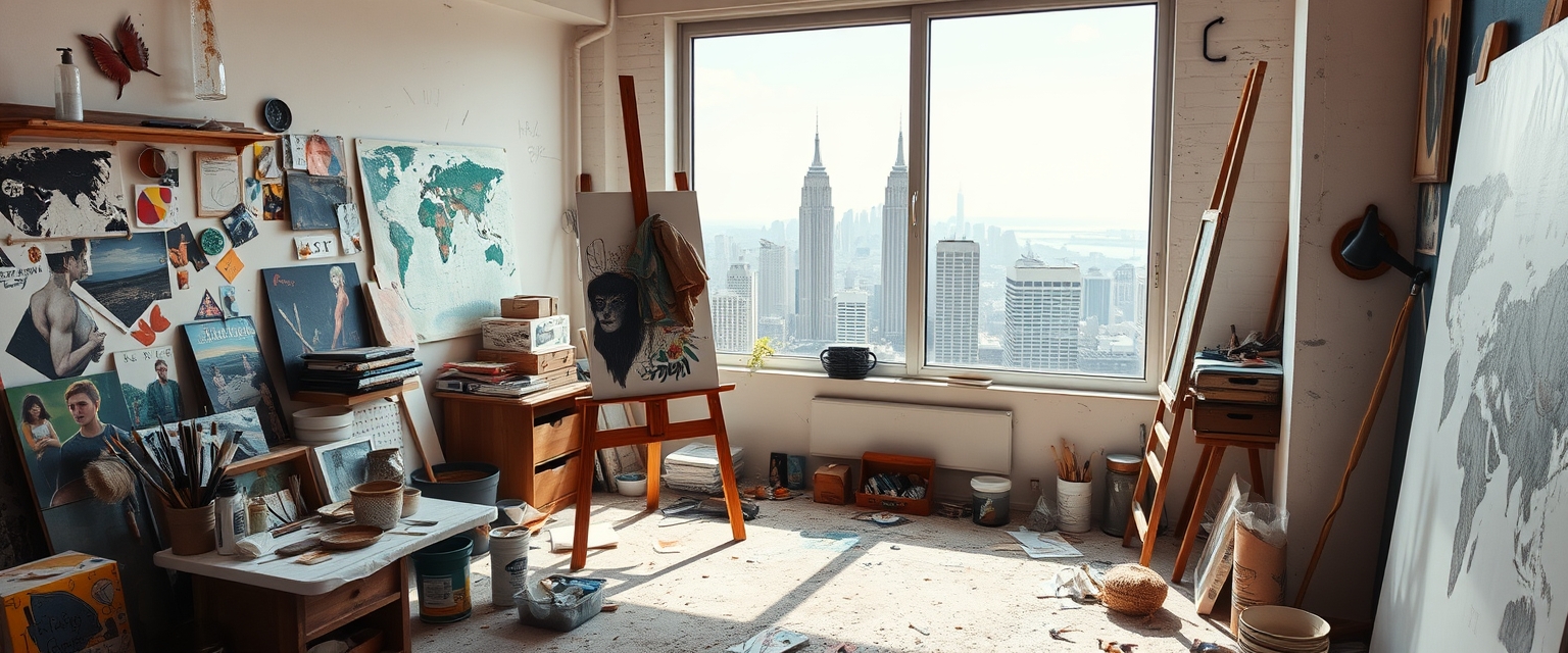 A messy art studio with an easel, paintbrushes, and a window overlooking a city skyline.