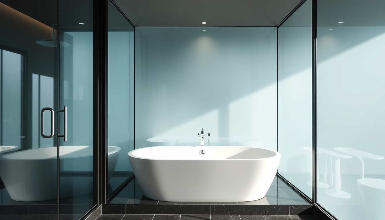 A sleek modern bathroom with glass walls and a luxurious soaking tub.