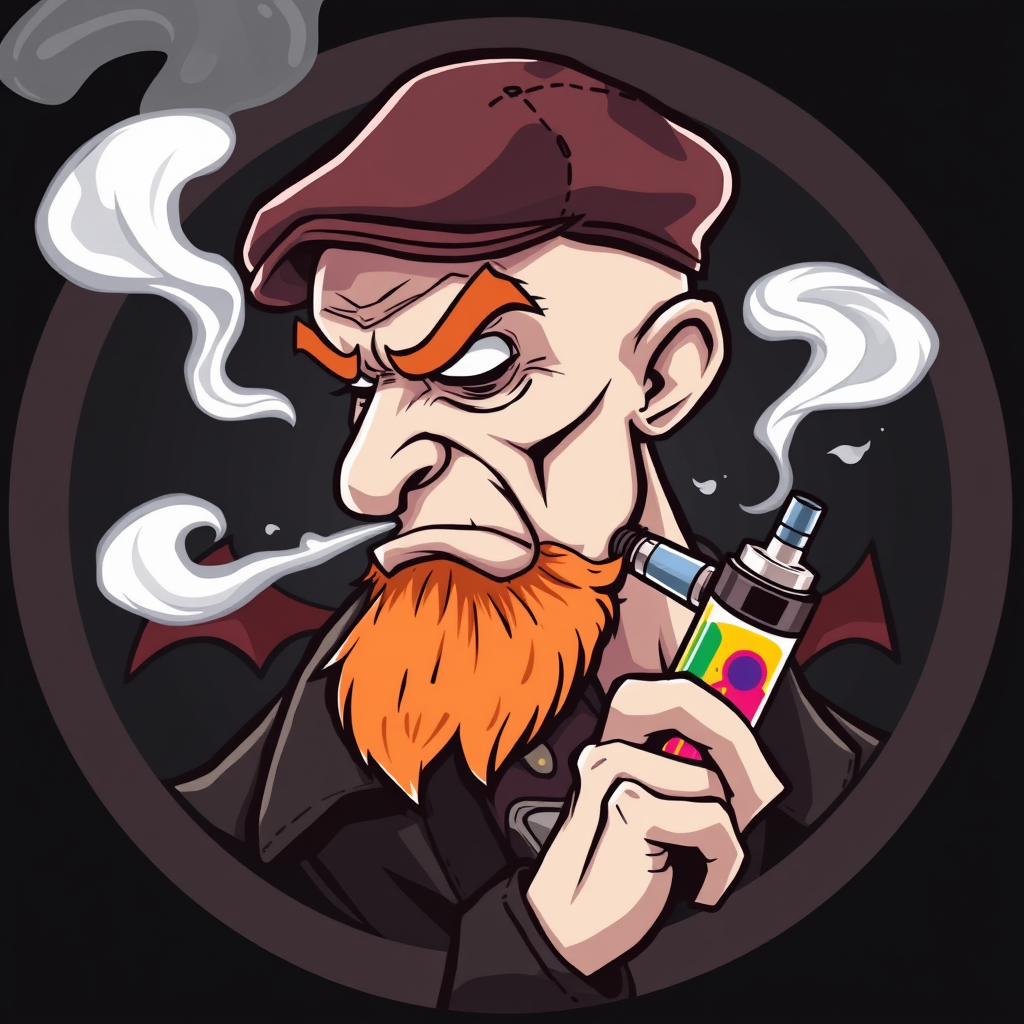 Three-quarter view cartoon demonized white human male, bald with short ginger beard, wearing a vintage flat cap. He's exhaling vapor clouds from a sleek vape mod, dripping with vibrant e-liquids. Set in a circular logo design, featuring gothic elements and a smoky, mischievous atmosphere.