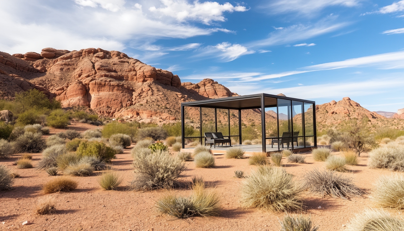 A dramatic desert landscape with a glass pavilion offering shade and shelter.