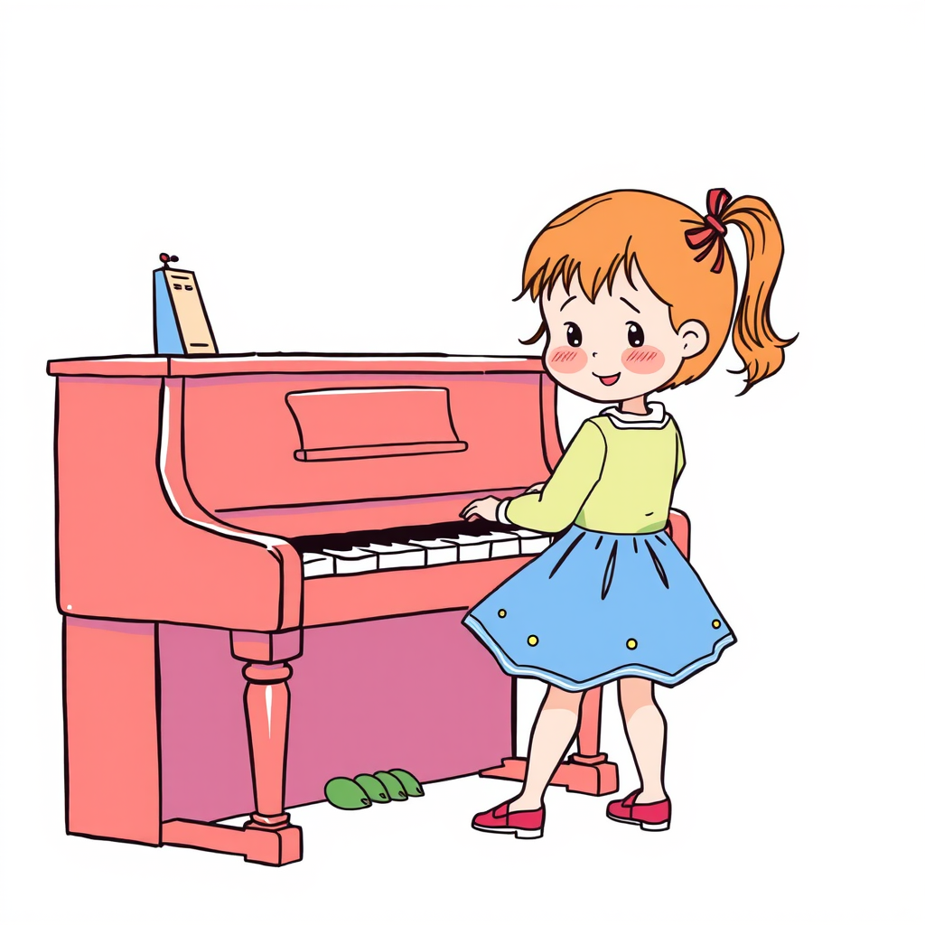 very little girl standing playing the piano color drawing cartoon style