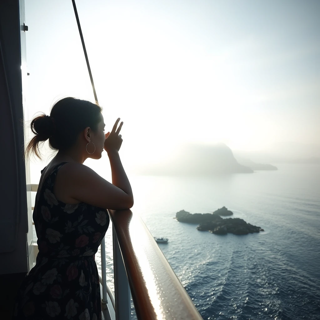 Woman leaning against ship's rail, piercing gaze through morning mist, Cheung Chau Island as delicate ink wash painting, sunlight dispelling fog, revealing island greenery and shore rocks, ship approaching tranquil haven, serene and artistic, photorealistic style.