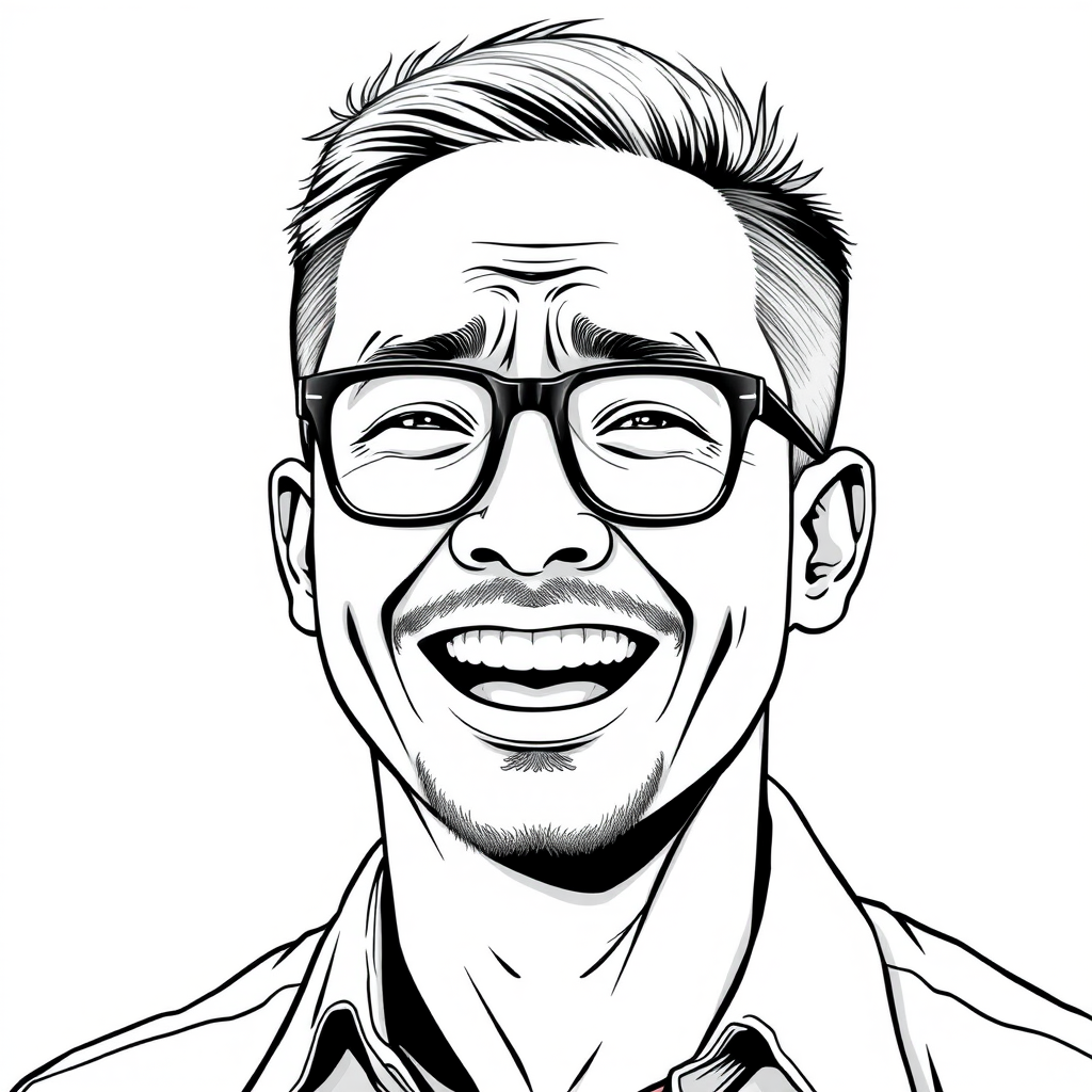 A cool black and white line drawing of a man around 35 years old, short hair, Asian descent, wearing black-framed glasses for nearsightedness, with a slightly short beard on his chin, dressed in a shirt. His face is full with defined features, he has a strong physique, with clean and fresh skin. He is crying tears of joy and laughing heartily after winning a victory.