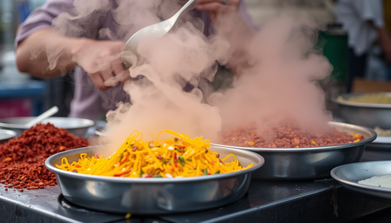 A close-up of a street vendor preparing a colorful and aromatic dish, with steam rising and vibrant spices on display.