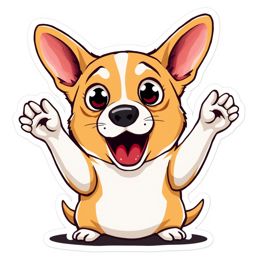 A corgi dog with wide eyes and an open mouth, standing on its hind legs, with its front paws raised in a surprised gesture. This sticker can be used to express surprise or shock at something unexpected.