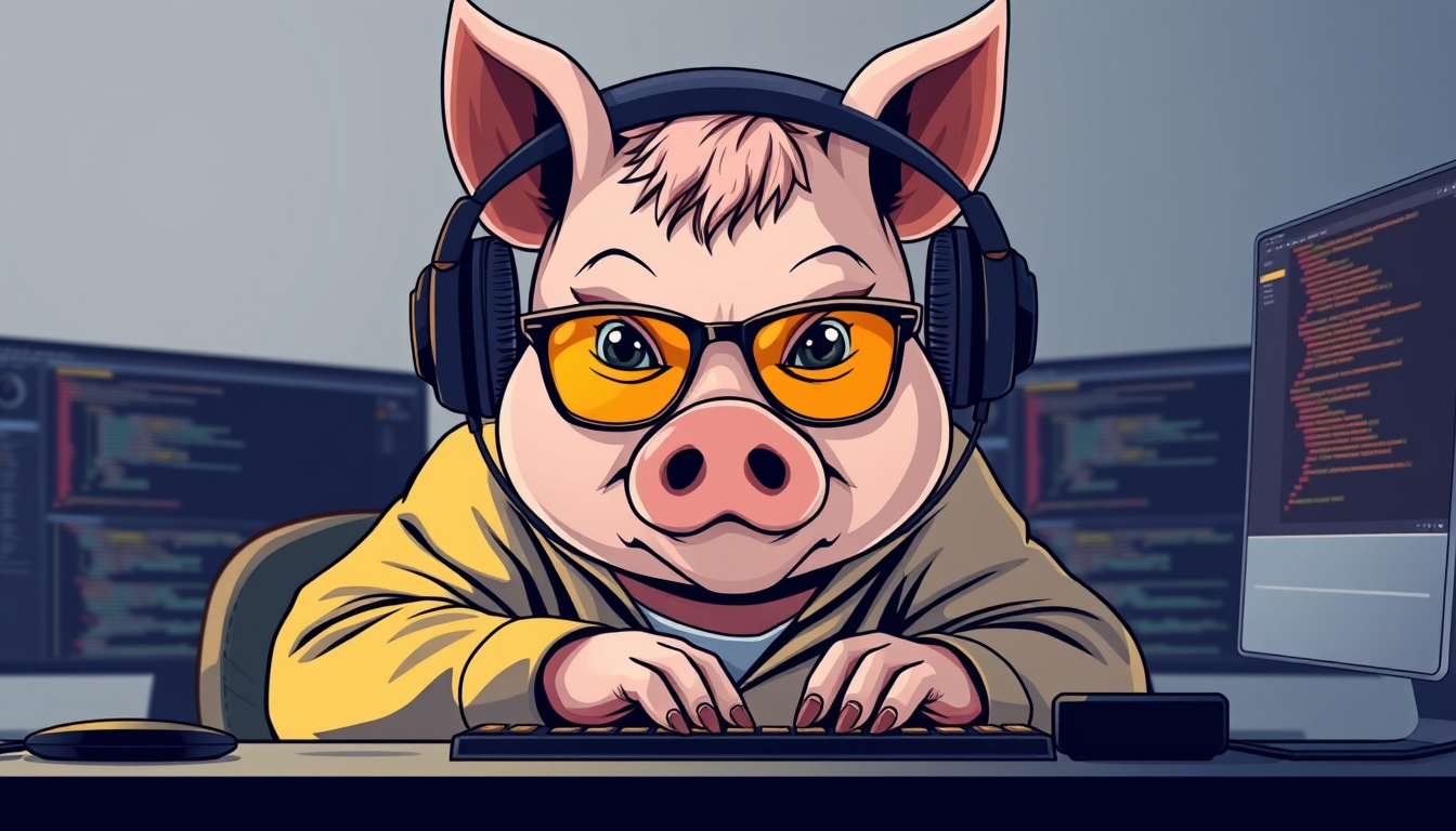 A tech-savvy pig coder, wearing yellow-tinted glasses and sleek noise-cancelling headphones, hunches over a cutting-edge multi-monitor setup. The anthropomorphic pig exudes focus, typing furiously.