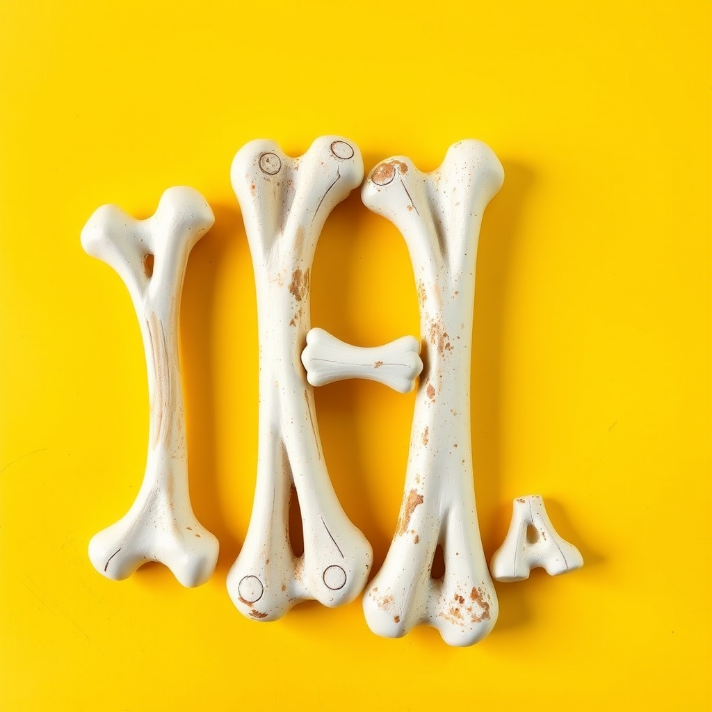 A letter "H" made of bones, yellow background, realistic photograph.