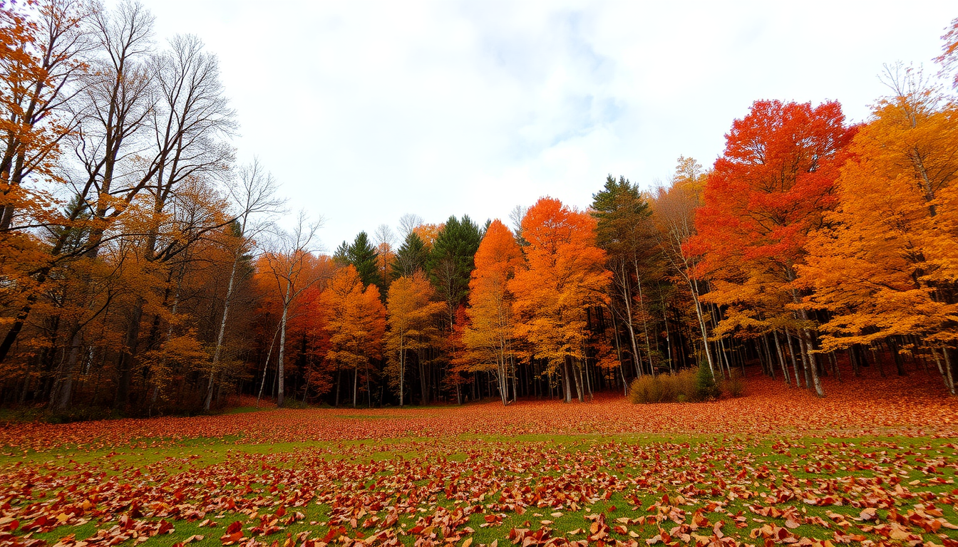 autumn landscape, autumn forest and clearing with fallen leaves, without people and animals, white cloudless sky