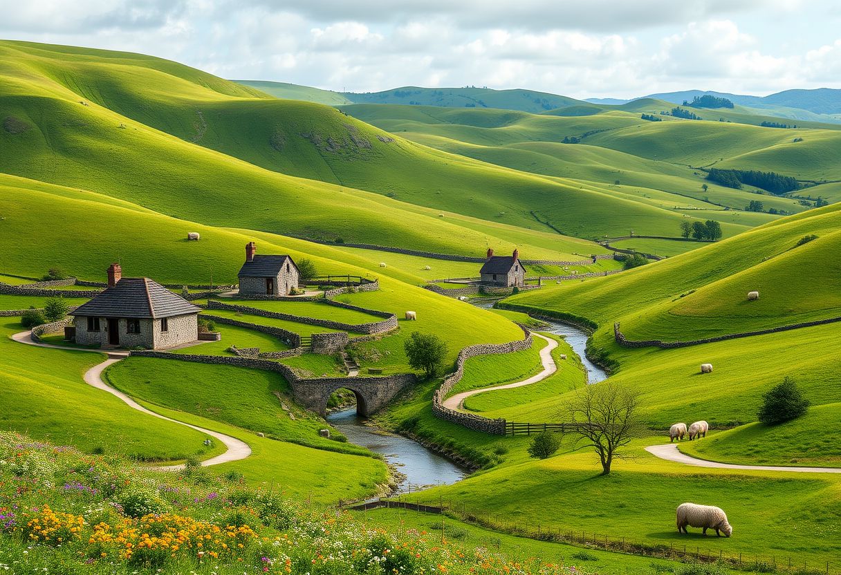 Rolling, green hills, pastoral, idyllic, countryside, meandering streams, vibrant wildflowers, grazing livestock, picturesque, high quality, photorealistic::0.7 ancient stone cottages, winding pathways, charming, peaceful, rural farmhouses, straw bales, grazing sheep.