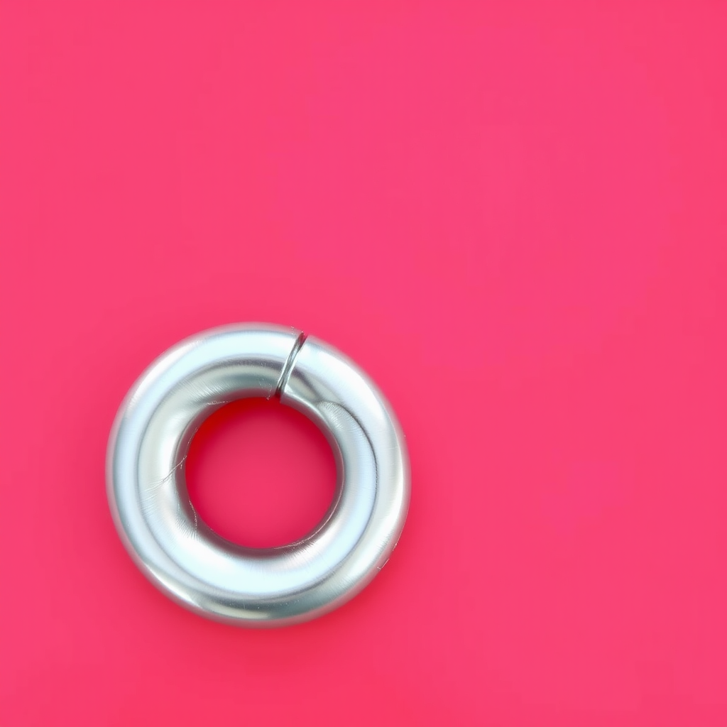 A metallic hook shaped like a "G" on a light red background, realistic photograph.