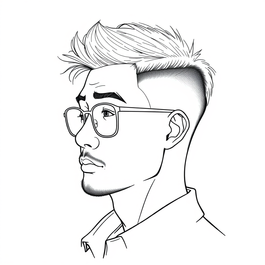 A cool line drawing of a 35-year-old man’s head, with short, clean and fresh hair that doesn’t require styling. He has a strong physique, shown in profile, is Chinese, wears framed glasses for myopia, has a slightly short beard, and is dressed in a shirt. His demeanor has a bit of a rogue charm, and his face has defined lines and is full. - Image