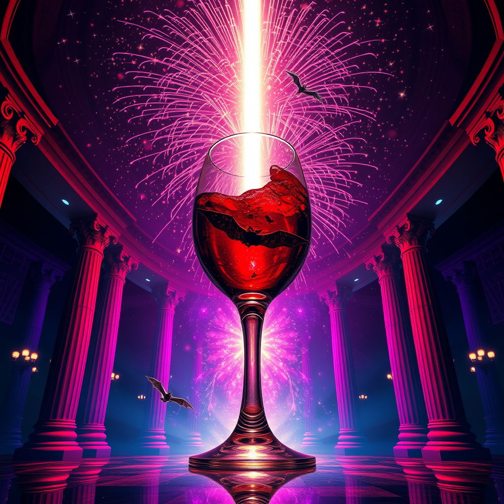 All glassblowing superrealism style urban vampire style ONE BIG glass of wine in the center strong light beam in spiral fireworks stars light astral realm interdimensional palace columns some flying little bats outdoor red purple blue glow Happy festival feeling. - Image