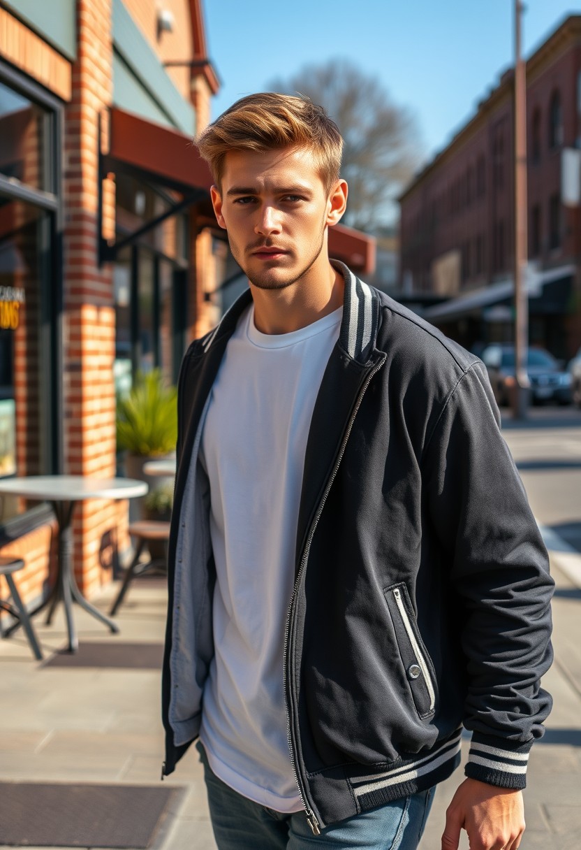 Freddie Prinze head and body shot, handsome, young, serious face, white T-shirt, college jacket, skinny jeans, sneakers, walking hot style, near cafe, hyper-realistic, street photography, brick wall, full body photo, morning scenery. - Image