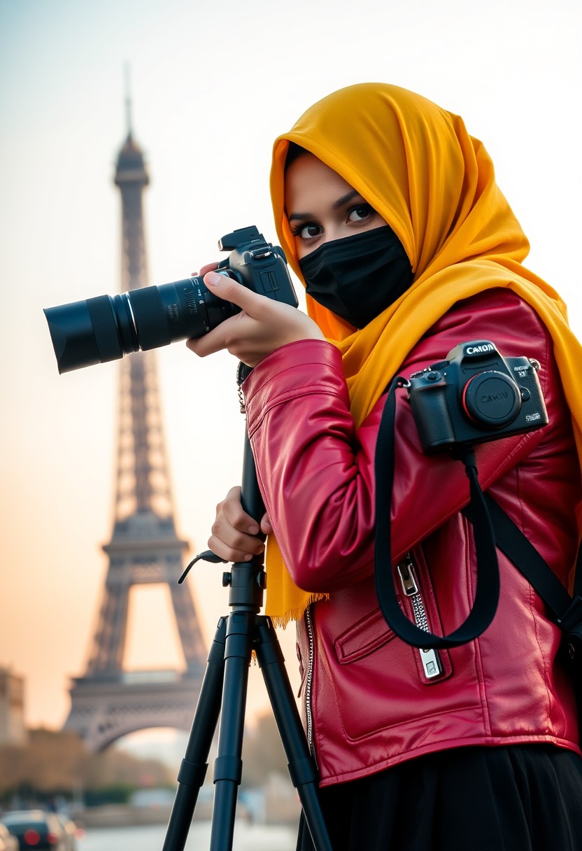 Biggest hijab yellow Muslim girl, beautiful eyes, face mask black, red leather jacket, black biggest skirt, camera DSLR CANON, tripod, taking photo Eiffel Tower, sunrise, morning scenery, Eiffel Tower, hyper realistic, street photography. - Image