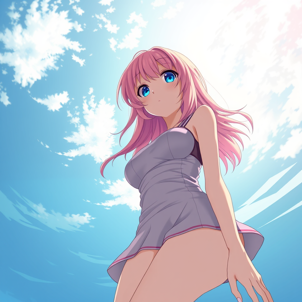 Anime art of a motherly woman, from below, pink hair, school swimsuit, detailed scene, stunning details, trending on artstation, anime artwork, anime cel shading, detailed soft shadows