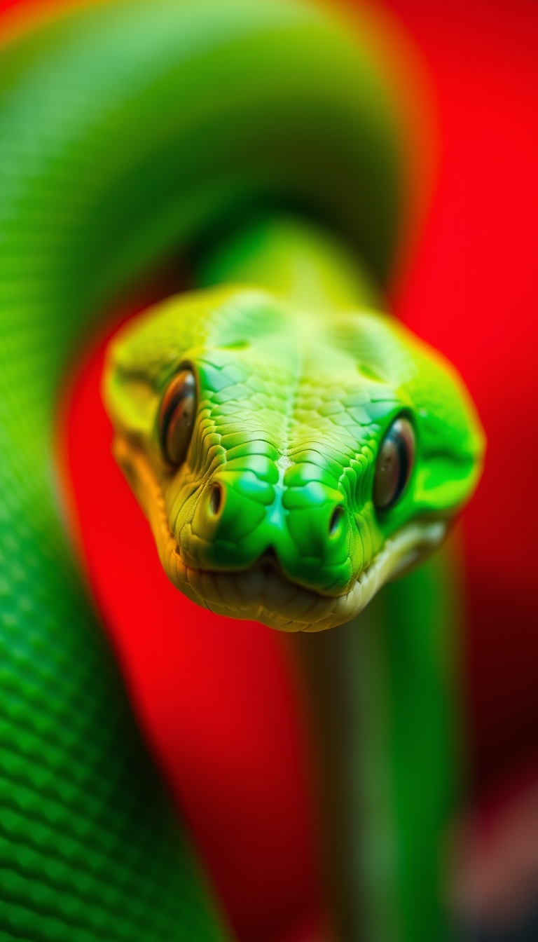 CloseUp of Vibrant Green Viper in Red Bokeh Background Highlighting Scales and Eyes