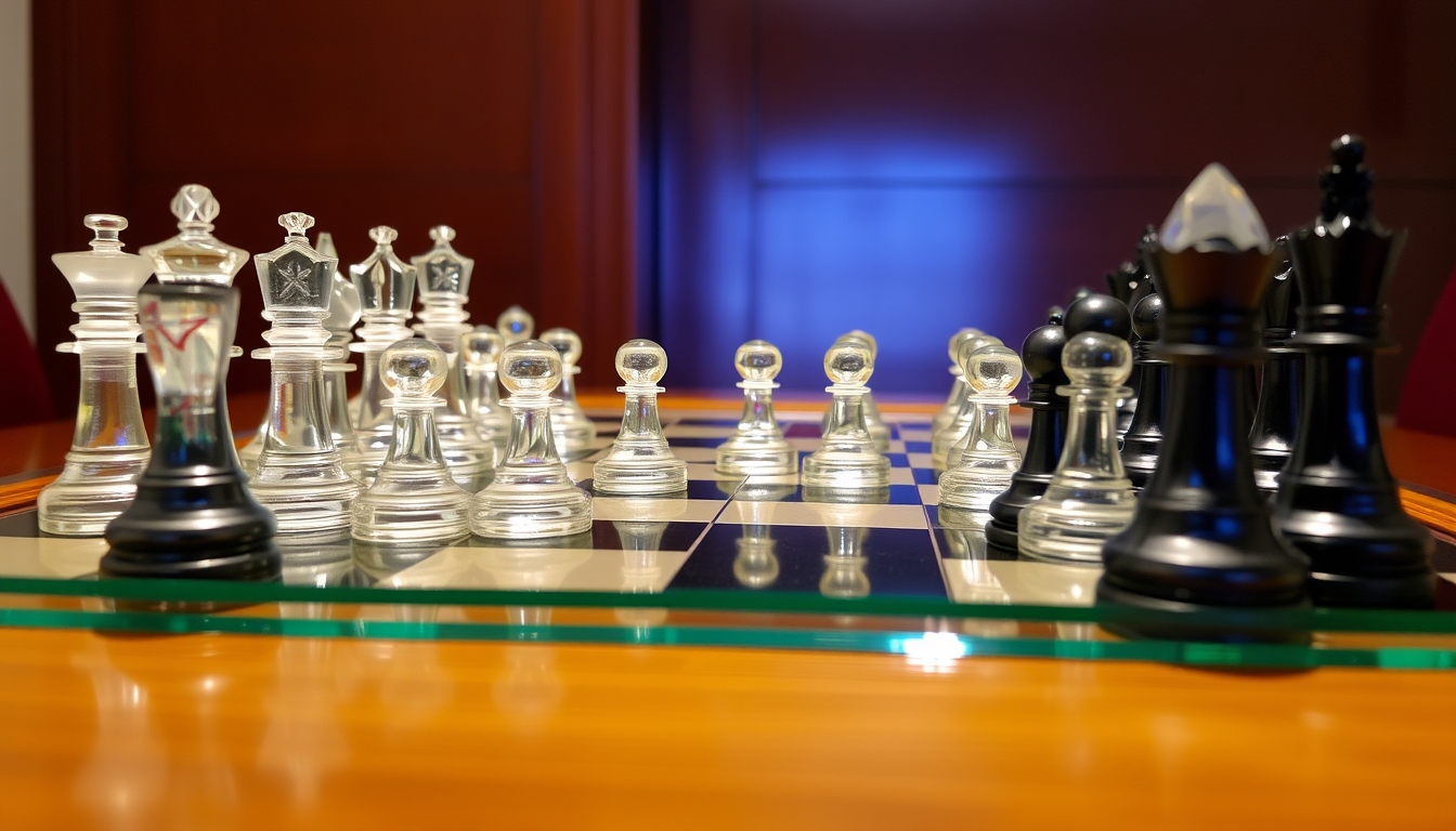 An elegant glass chess set on a polished wooden table, pieces mid-game.