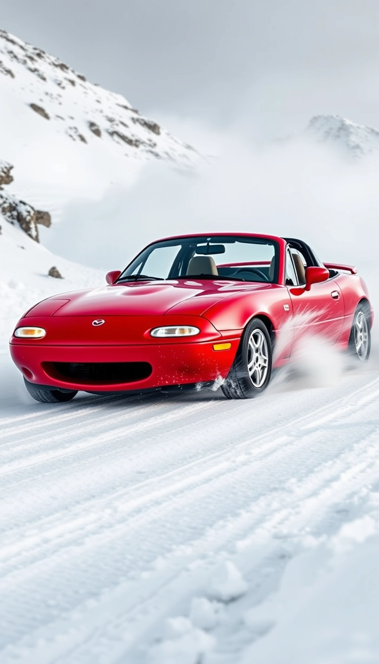 Create an image of a red 1991 Mazda MX-5 drifting on a snowy mountain.