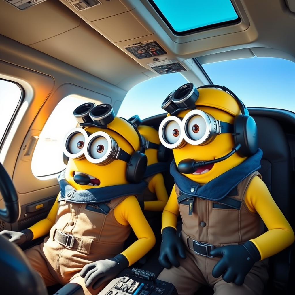 Minions wearing pilots' uniforms in the cockpit of an aircraft. - Image