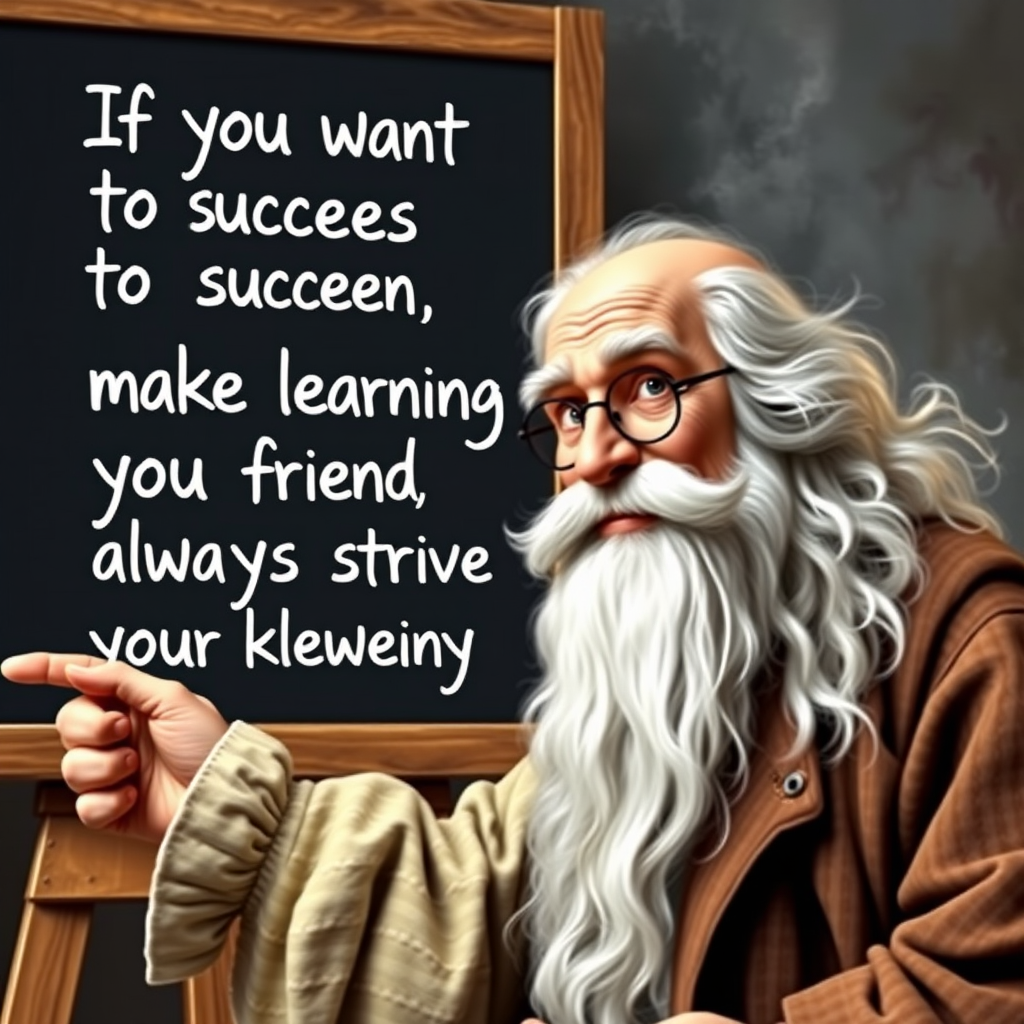 Create an image of an old wise man pointing at a board that writes, "If you want to succeed in life, make learning your friend and always strive for your knowledge and personal growth." - Image