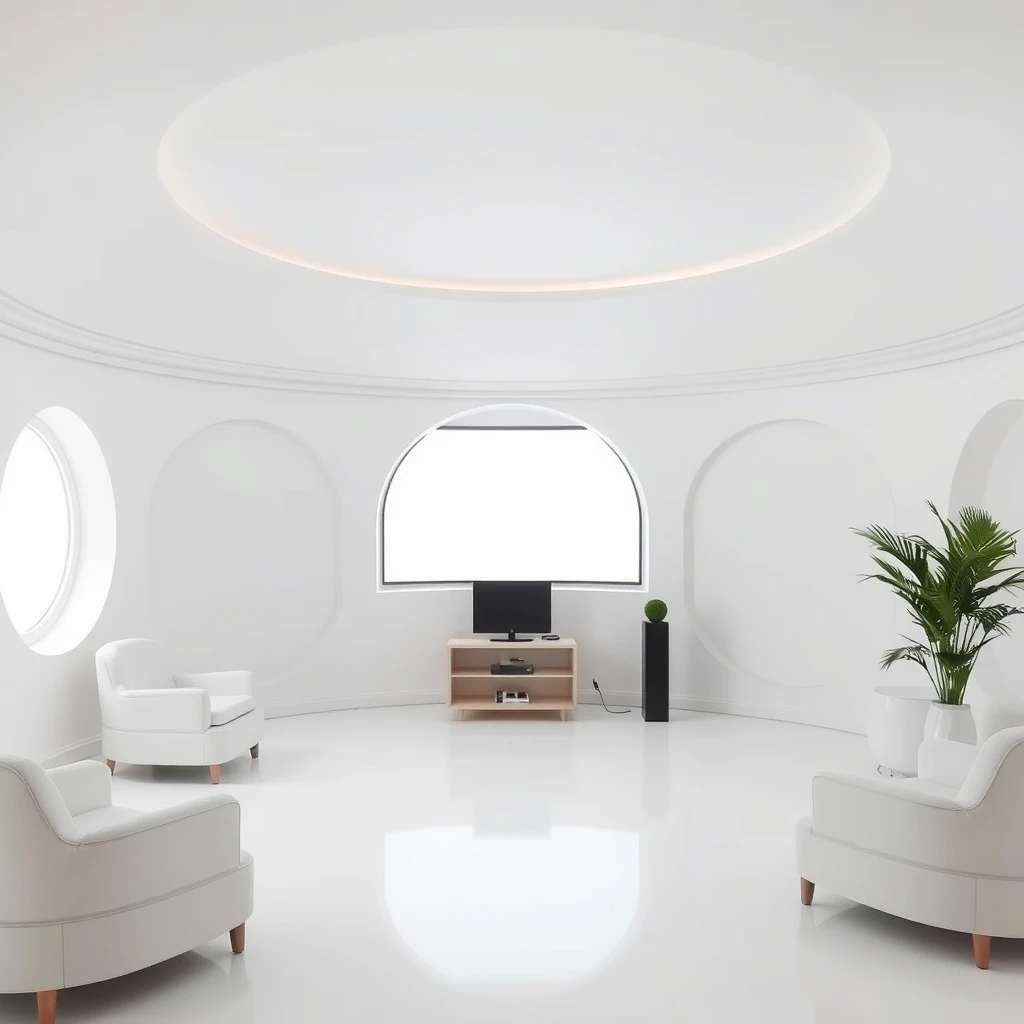 a round white room with a TV in the middle showing a round white room