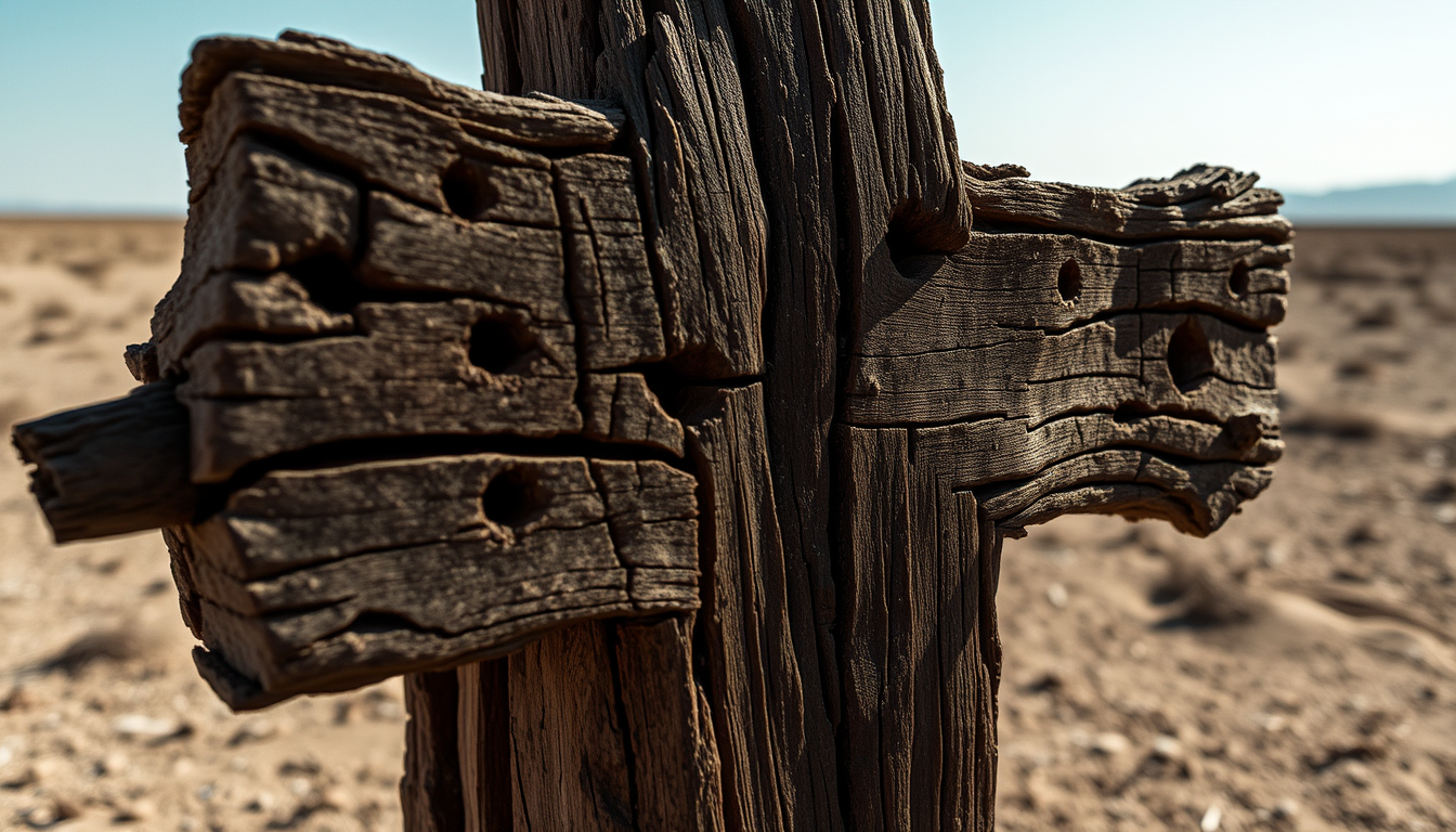 An old dilapidated wooden cross, like a grave marker, is standing in a barren desert landscape. The wood appears to be old and weathered, with a rough texture and deep grooves. The surface of the wood is rough and uneven, with some areas of the bark appearing darker and more jagged. There are several small holes scattered throughout the wood, some of which are larger than others. The overall feel is depressing and desolate.