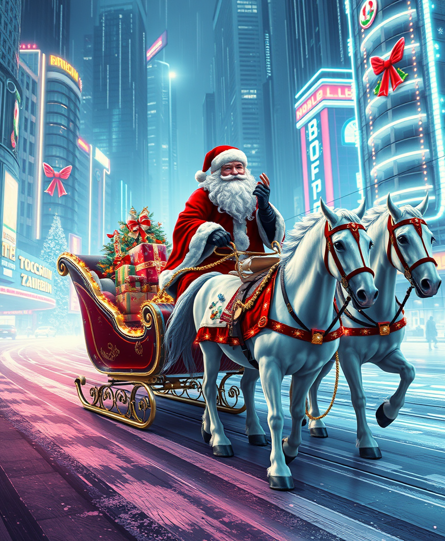 Russian Snow Grandfather rides a festive sleigh, pulled by three white horses through a futuristic cyberpunk city decorated with Christmas lights, art by Vladimir Zarubin.