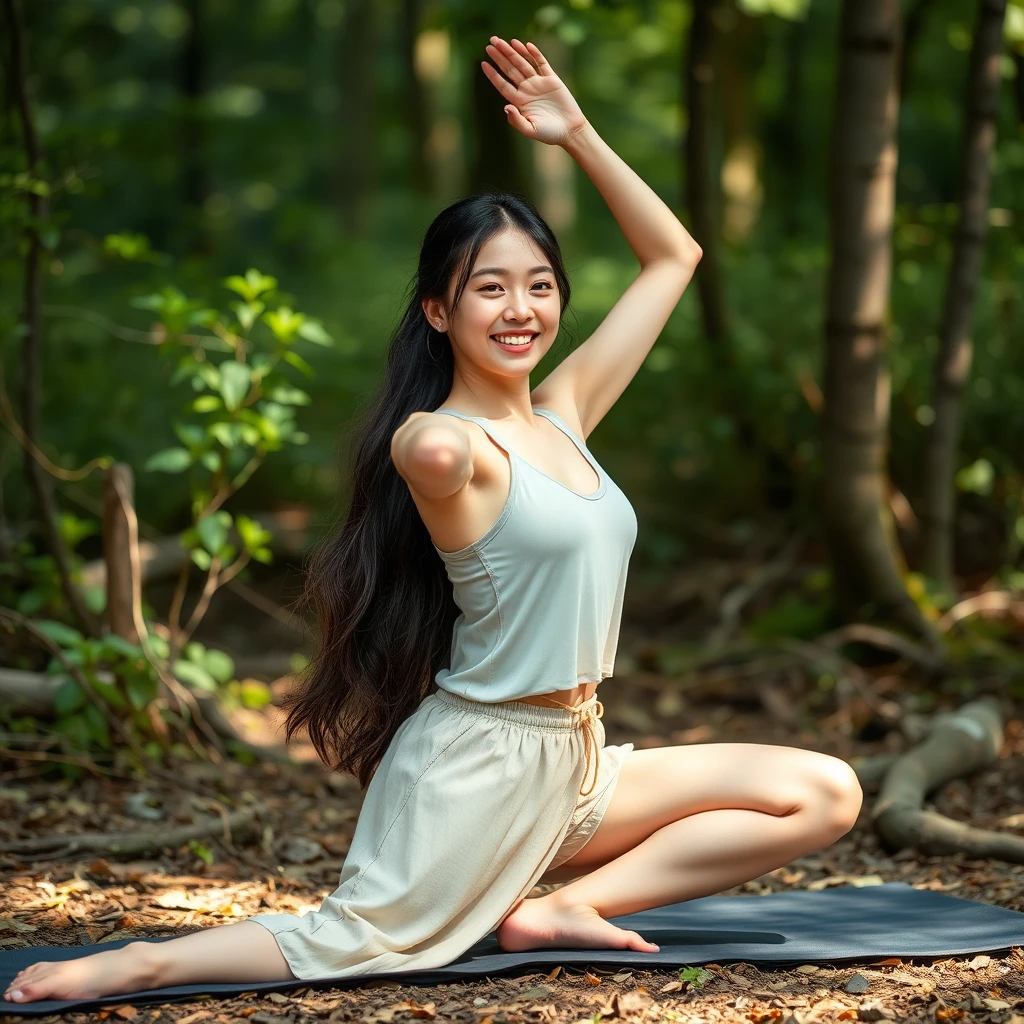 Concept: Portray a woman as a nature spirit, engaged in athletic activities.  
Style: Natural materials, bare feet, or sandals.  
Setting: Forests, fields, or rivers.  
Pose: Yoga poses, interacting with nature.  
Lighting: Use natural light to create a soft and warm atmosphere.  

22-year-old girl, Korean idol, ((Short bridge of the nose)), ((High, slender nose)), young, cute, smile.