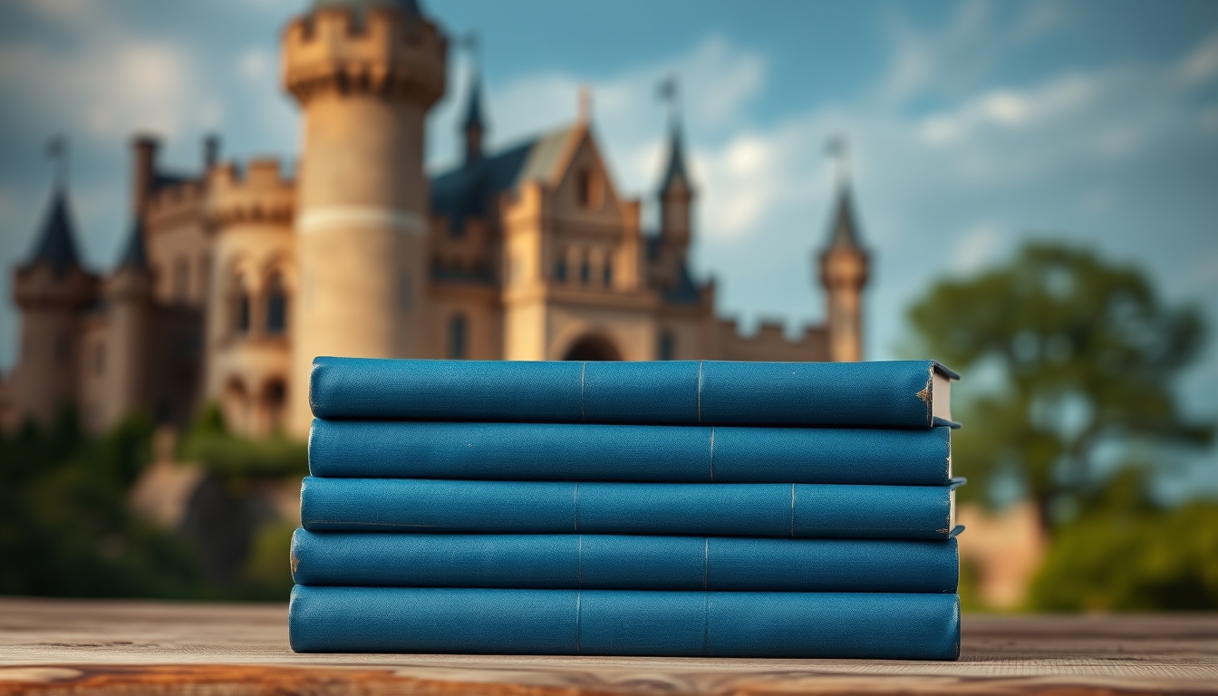 stack of blue books with blurred castle background - enchanting fantasy book cover or literature concept.