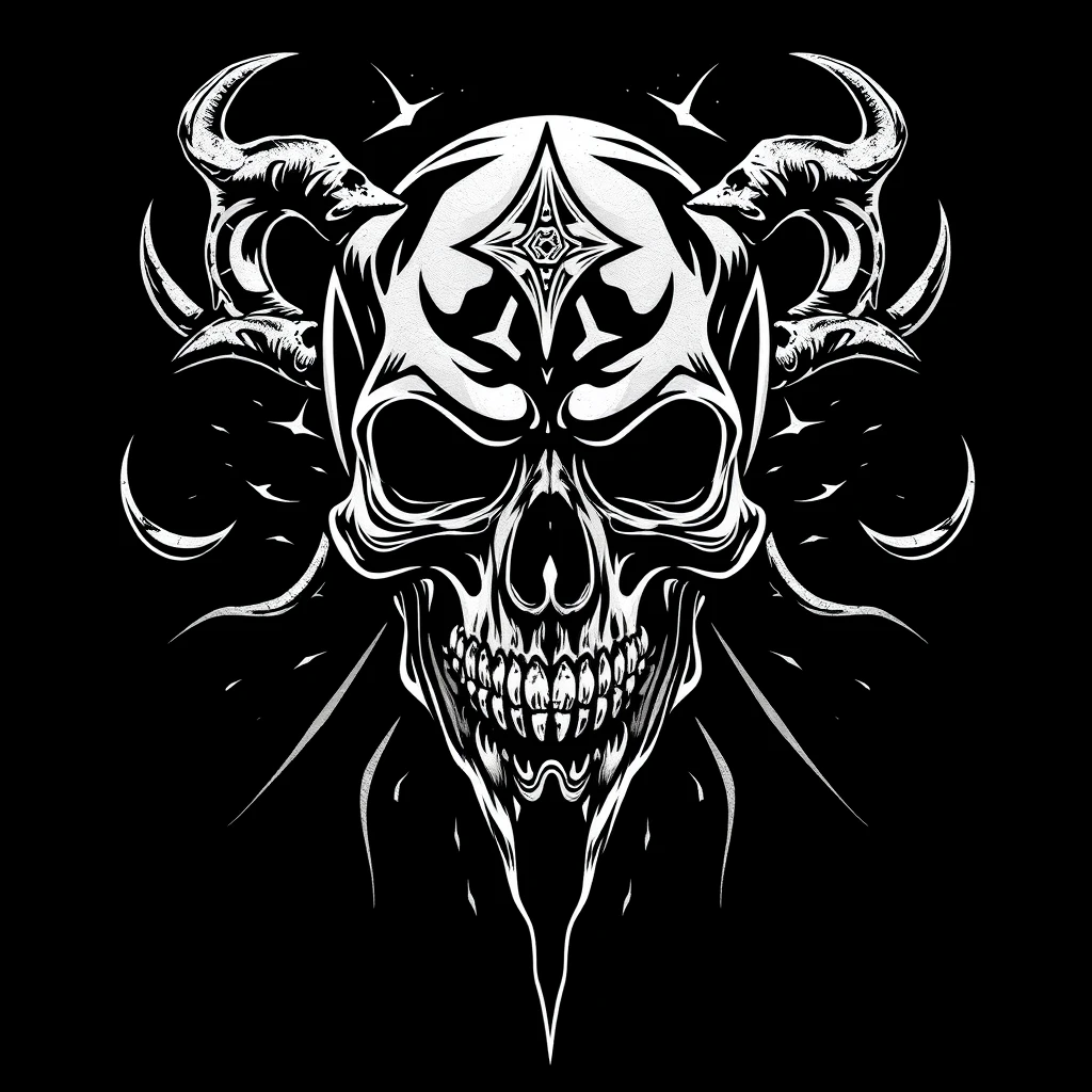 SKULL HEAVY METAL STENCIL, TSHIRT DESIGN ART Rick Griffin design art, BLACK background