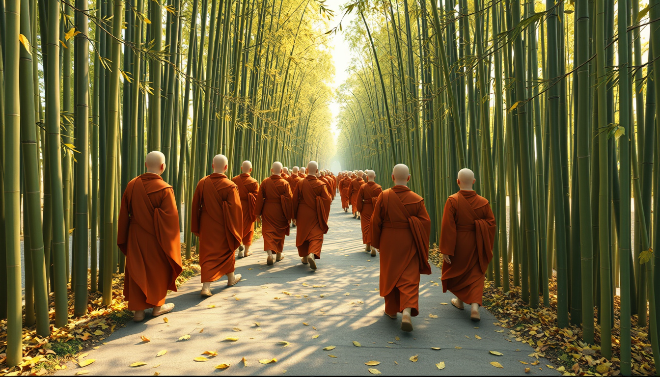 Sweep across a line of monks walking in a bamboo forest. As each monk passes, leaves fall to form the words "Unity in Diversity" in their wake. 3d cartoon style