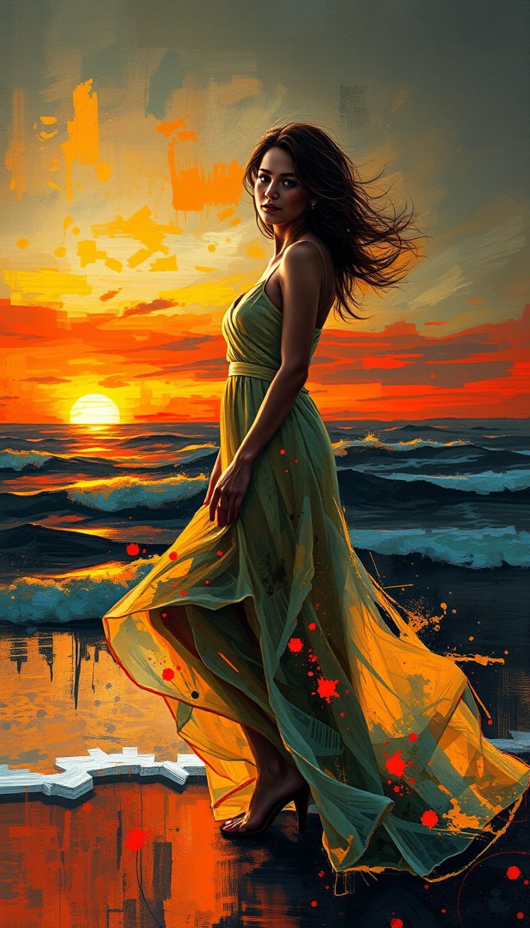 beautiful woman on the beach at sunset, waves in the background, flowing dress, peaceful and contented, russ mills style: abstract, surreal, dynamic brushstrokes, bright colors, dark background, expressive, intricate details, paint splashes, mix of traditional and digital art, energetic composition, emotional, russ mills style, bold, dramatic