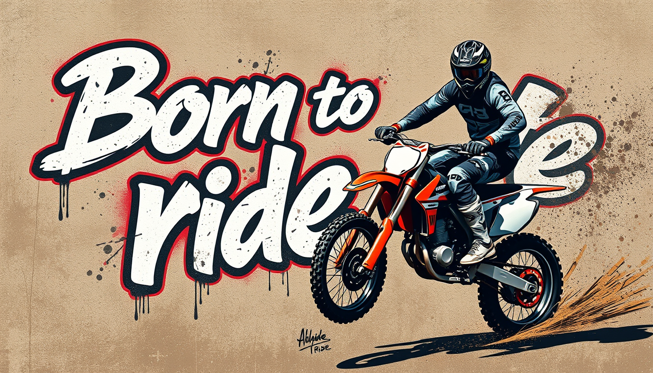 Professional art on the theme of motocross in the style of street graffiti, the image of a motorcycle racer jumping on a motorcycle in full gear is skillfully combined with the text "Born to ride" in the background. - Image