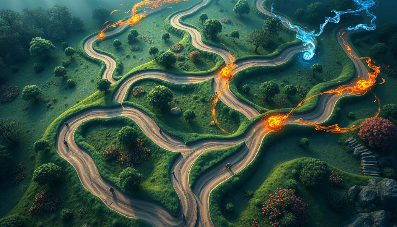 A large, magical fantasy tower defense game map with winding, naturally formed dirt roads as the main focus. The roads are prominent and occupy a significant portion of the map, appearing as natural pathways through the landscape. The map includes lush trees, vibrant flowers, and green grasslands, with no buildings or mountains. The roads are infused with swirling magical winds carrying elements of fire, frost, and storms, with flames flickering and icy patches enhancing the mystical atmosphere. The style is mystical and vibrant, with rich colors and intricate details, creating an otherworldly atmosphere filled with magical energy and dynamic weather effects. - Image