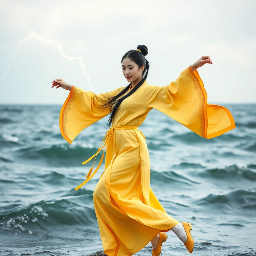 Korean woman dancing in a yellow traditional costume. Lightning and thunder, graceful and noble dance in the middle of the waving sea. Full shot, yellow traditional shoes, neatly tied black hair. White floral socks, agile movements.