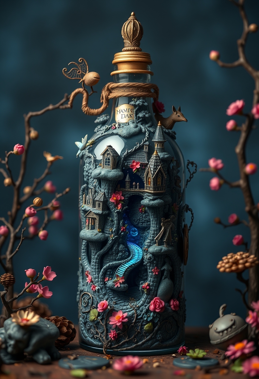 best quality, reality-shot, realism, realistic photography of an elaborate bottle with whimsical elements, magical fairytale landscape, fantasy style art, dark blue theme, intricate details, ultra sharp, exquisite detail, flawless composition, vivid colors, masterpiece, exciting background.