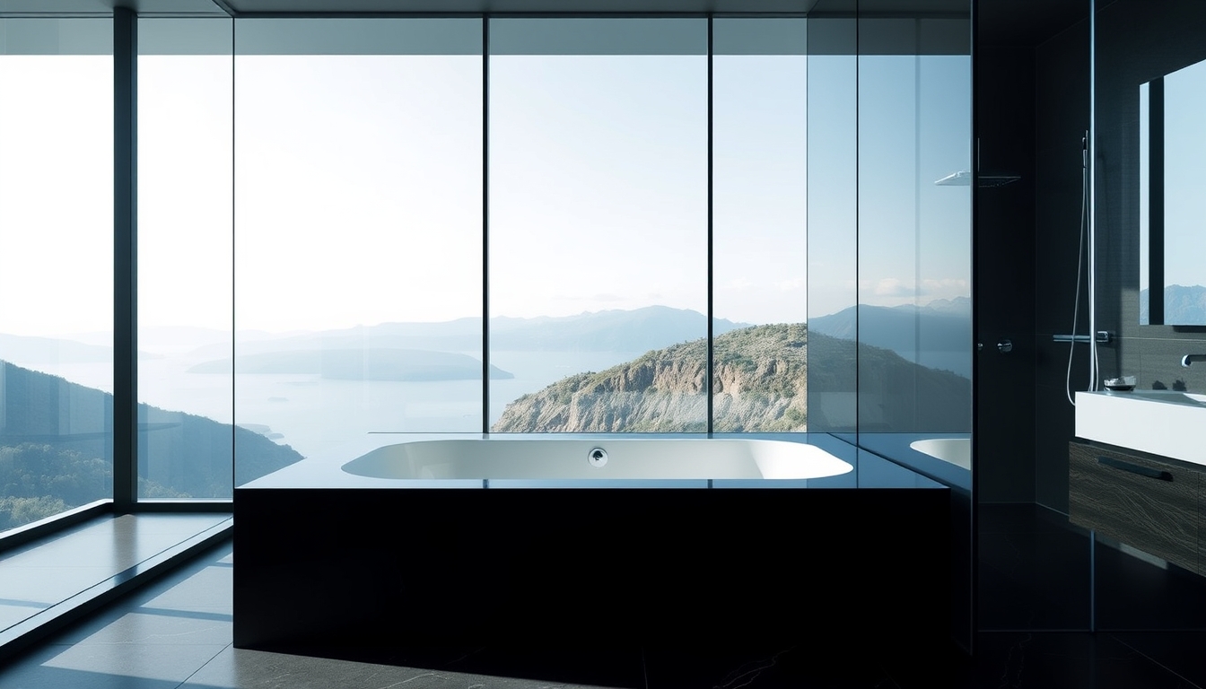 A sleek modern bathroom with glass walls and a luxurious soaking tub. - Image