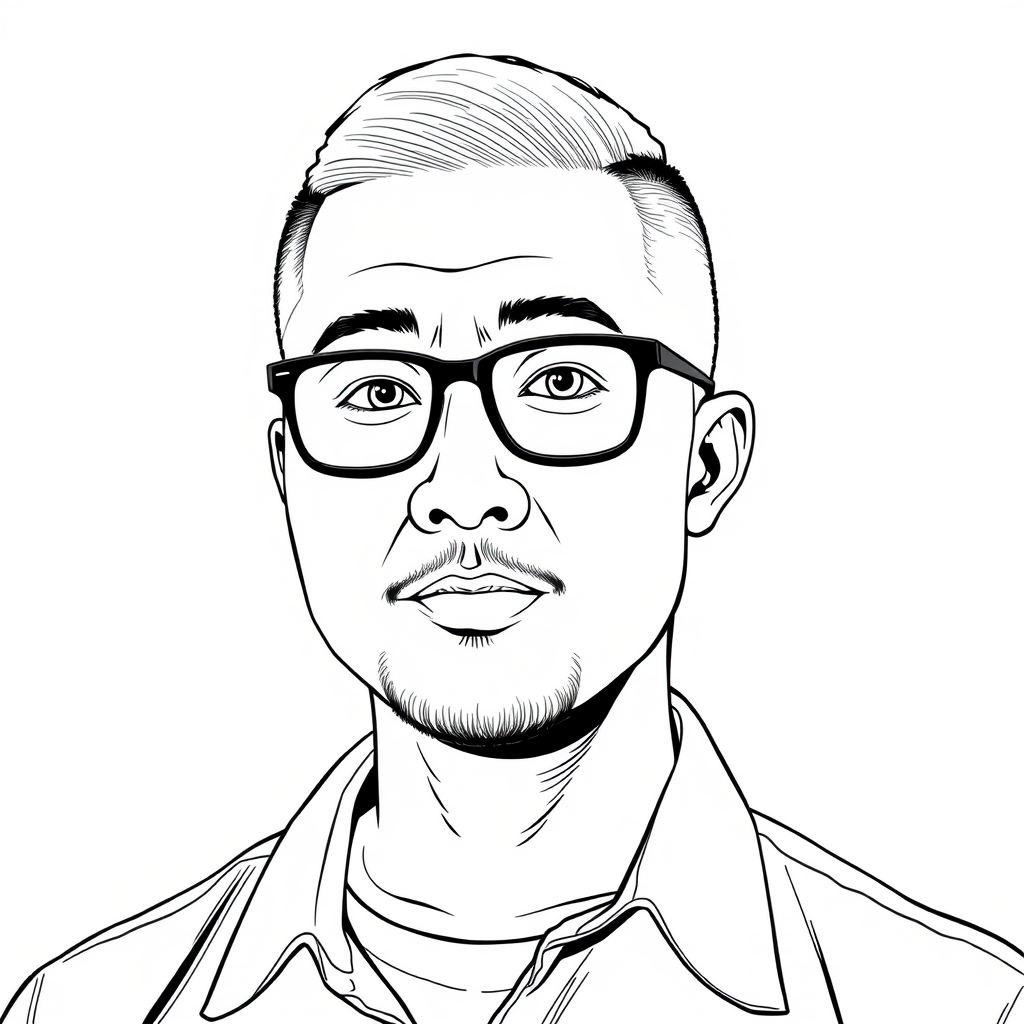 A cool black and white line drawing of a man around 35 years old, with a crew cut, Asian descent, wearing black-framed glasses for nearsightedness, a slightly short beard on his chin, a shirt, a round face, clean and fresh skin, and a slightly chubby physique. - Image