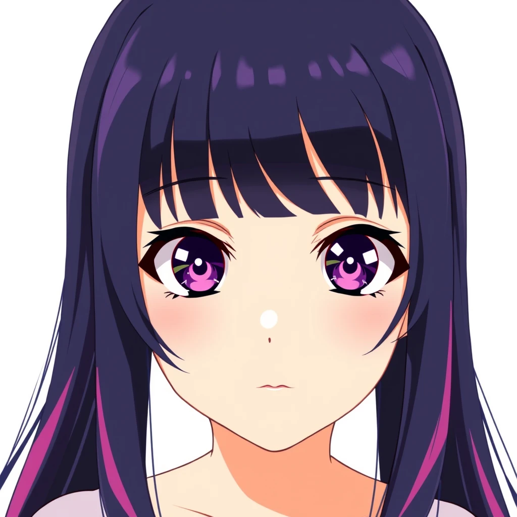 A beautiful young girl with dark purple and pink-colored eyes with shiny white six-star pupils. She has long indigo and purplish hair that reaches her waist, with bangs that have pink streaks in them. Anime art style. - Image