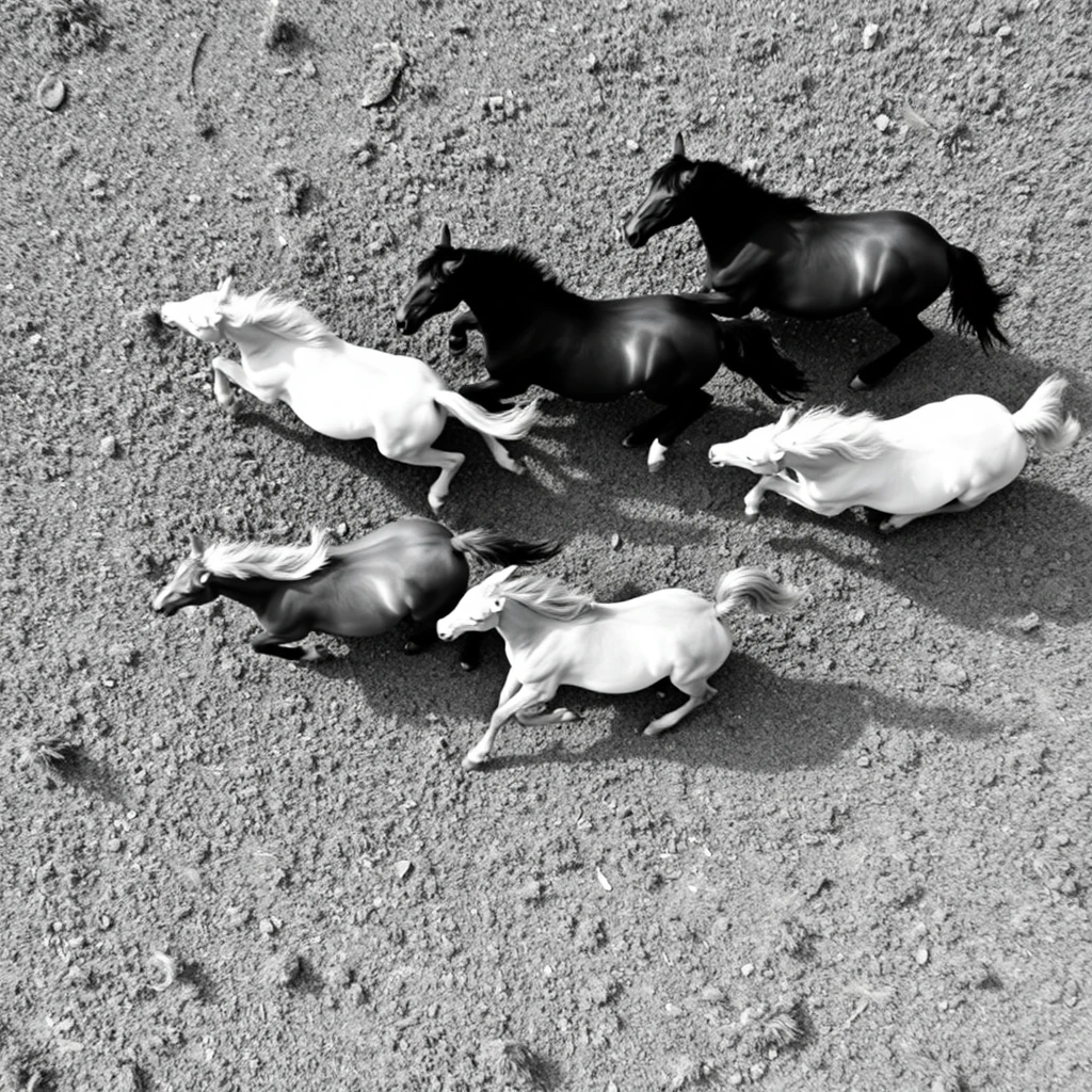 aerial view, wild horses [DIAGONALLY] galloping through an open field, [TOP-DOWN VIEW] monochrome - Image