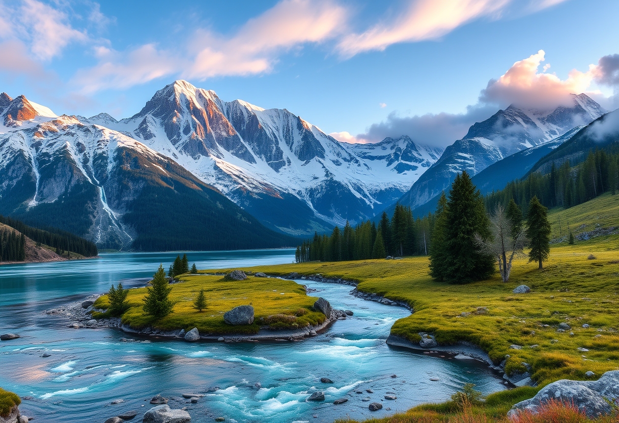 Majestic, snow-capped mountains, serene, high quality, photorealistic, alpine meadows, crystal-clear lakes, untouched wilderness, panoramic, breathtaking, nature's beauty, vibrant::2 flowing rivers, cascading waterfalls, misty, foggy, dramatic, sunrise, sunset