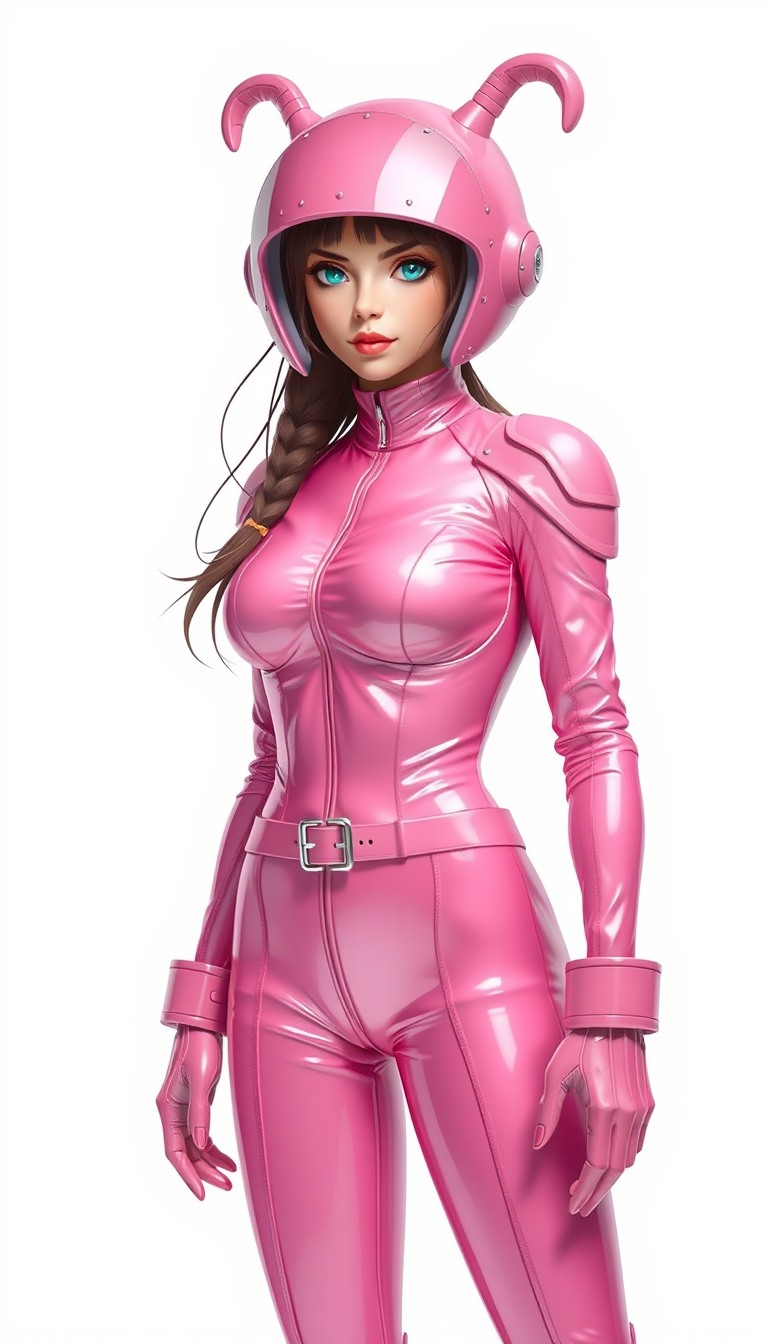 Ultra detailed character portrait, no helmet, beautiful pink space bodysuit, female, anime style, super glamorous space female pirate, pink clothes made of shiny vinyl, pink space bodysuit, a view from the waist up to the head, the background is a simple white color, cute feel like a villain, bizarre suits like space alien designs. - Image