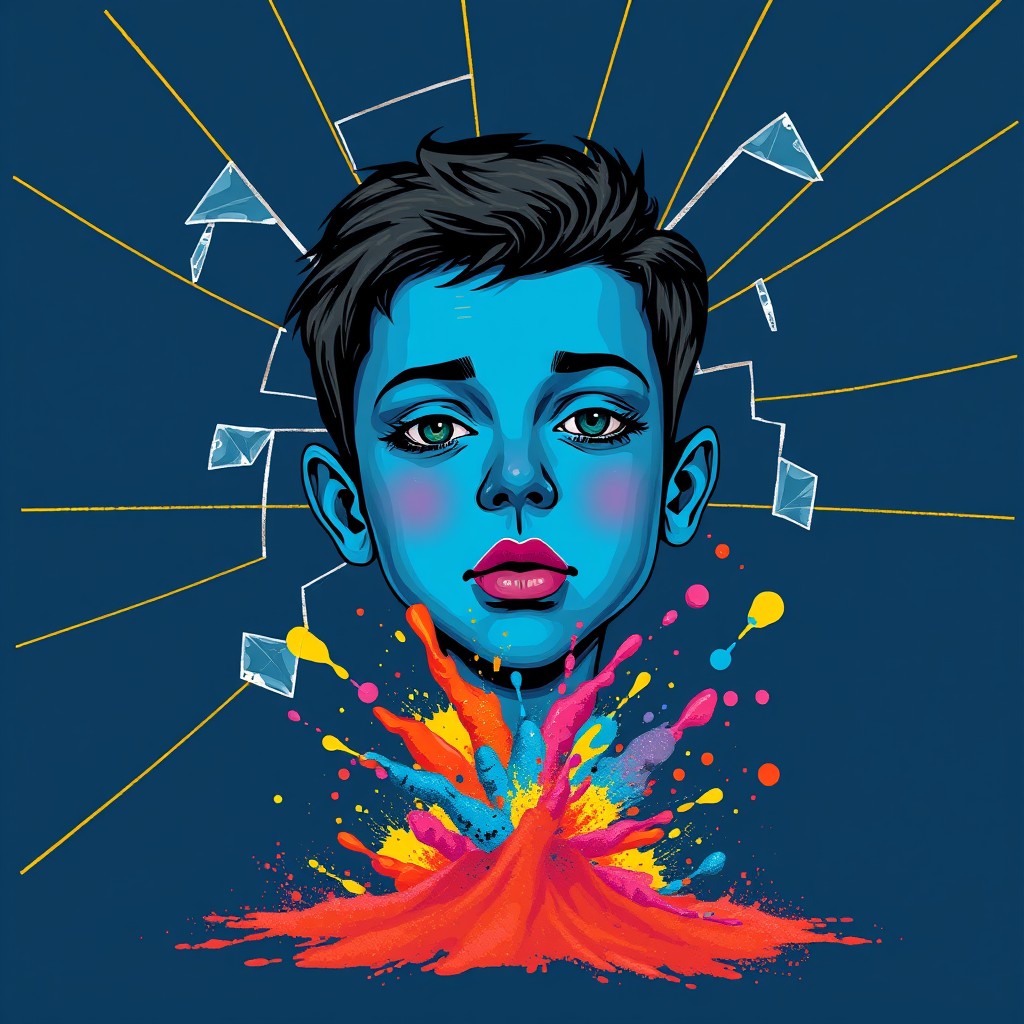 A boy with blue skin and an abstract face, surrounded by glass breakage and gold lines on a dark blue background, with a colorful explosion from the spillage of powder. Illustration style, Andy Warhol style, Picasso style.