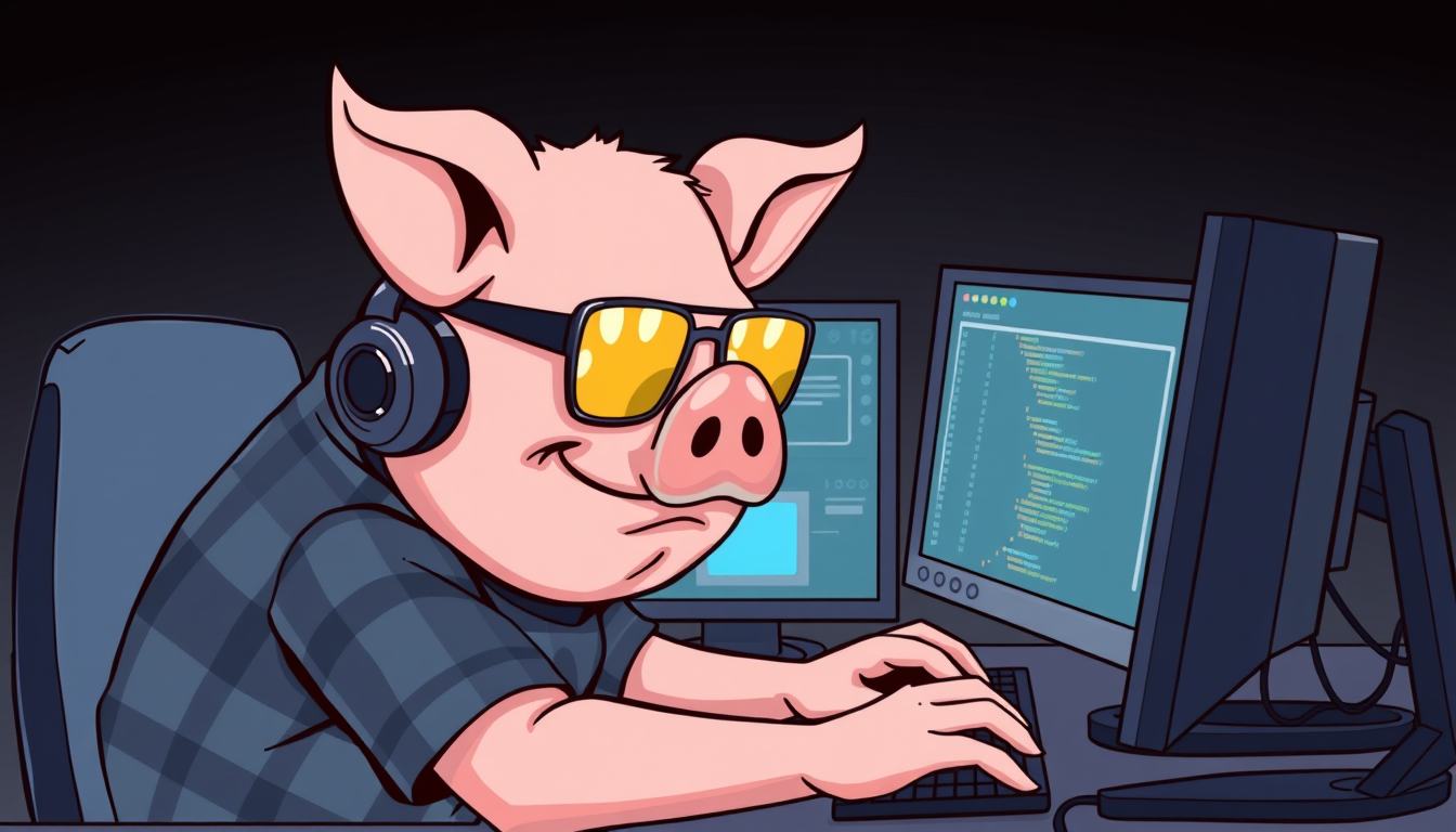 A tech-savvy pig coder, wearing yellow-tinted glasses and sleek noise-cancelling headphones, hunches over a cutting-edge multi-monitor setup. The anthropomorphic pig exudes focus, typing furiously while wearing a plaid t-shirt. - Image