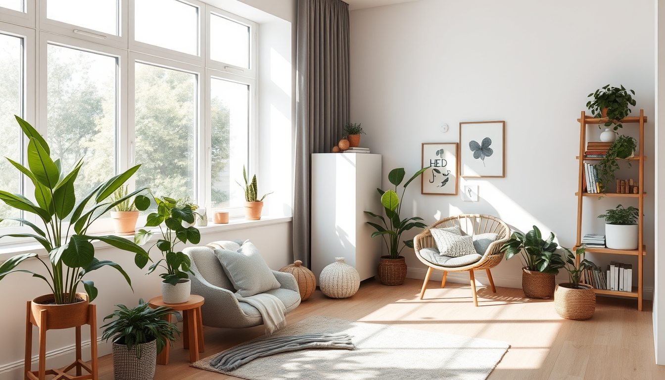 A serene interior space with natural light streaming in, featuring minimalistic decor, indoor plants, and a cozy reading nook.